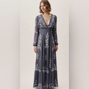 BHLDN Anthropologie Belize Embroidered A-Line Long-Sleeve V-Neck Gown Hydrangea